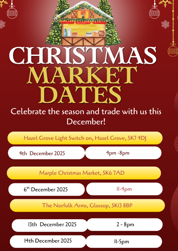 Christmas market dates flyer with a festive red background and event details.
